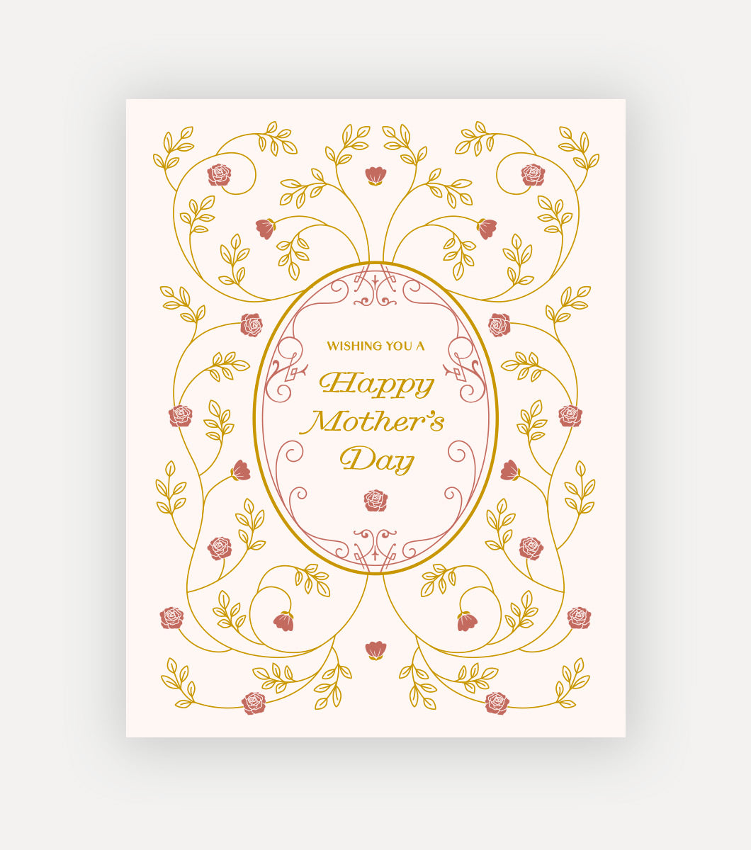 Mother's day greeting card with an ornate vintage rose design and a sentiment that reads "wishing you a happy mother's day"