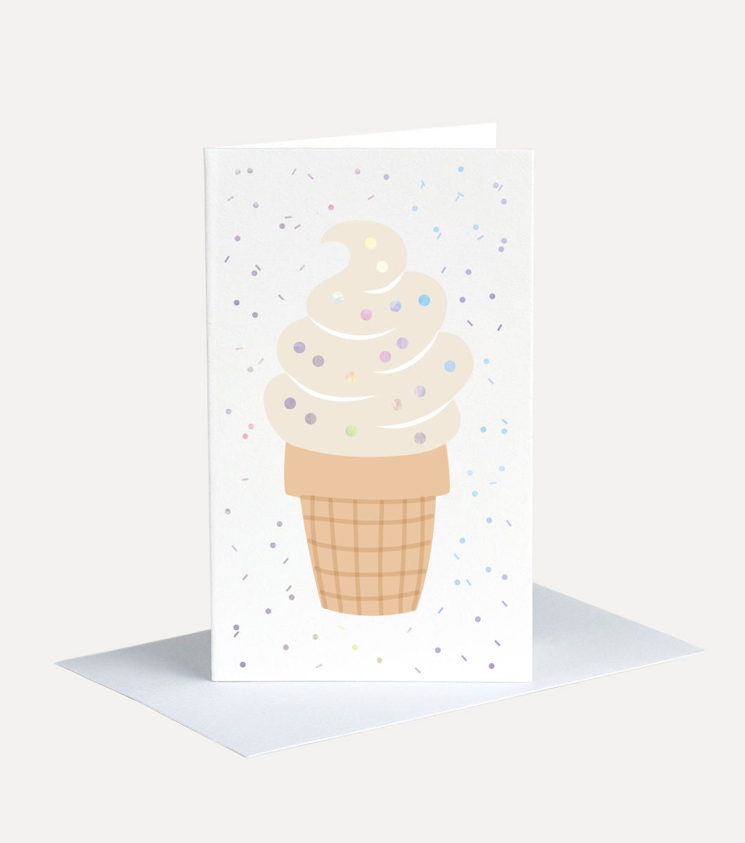 mini greeting card with design of vanilla ice cream coan with holographic sprinkles