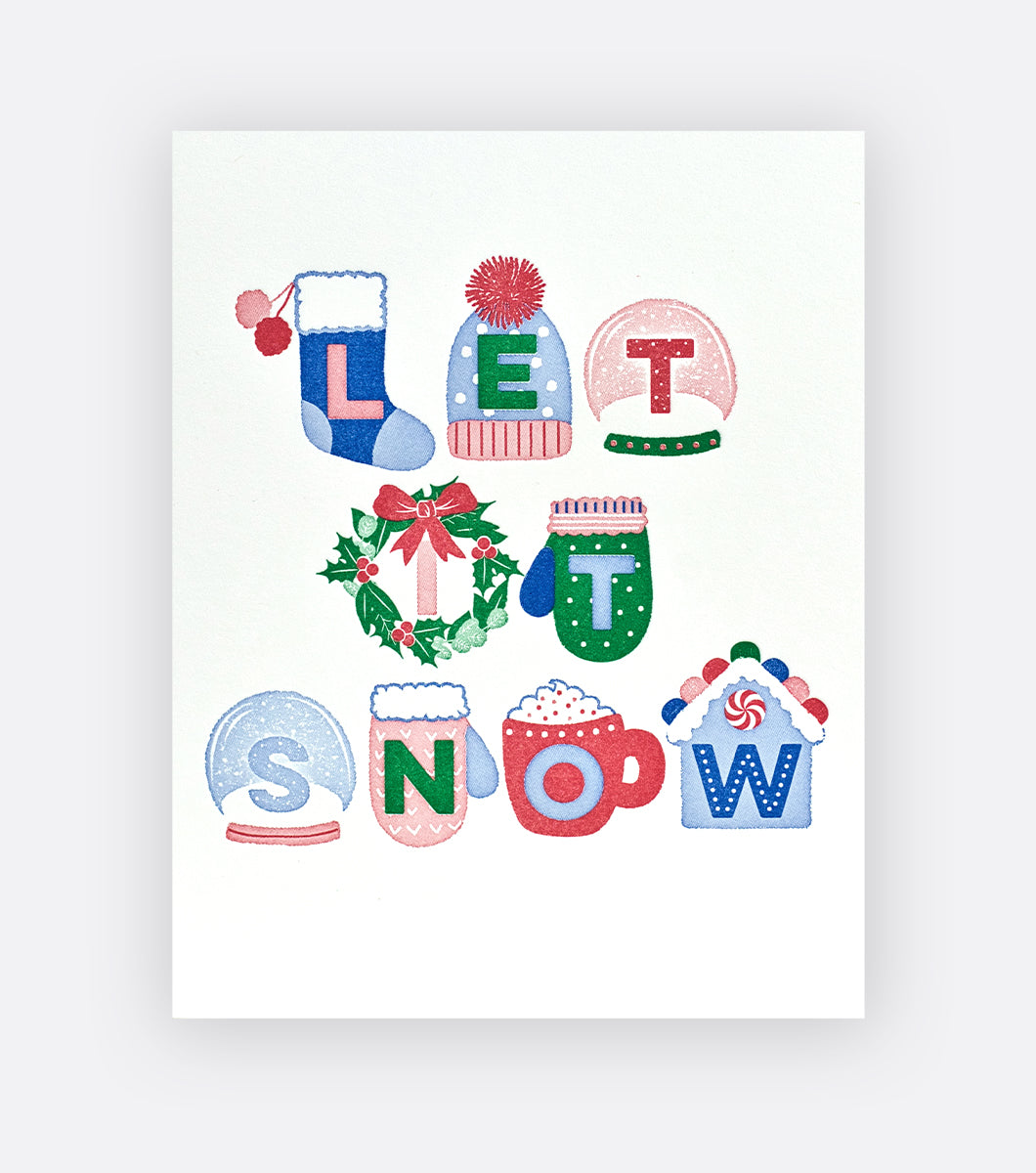 Holiday greeting card that features icons of holiday objects such as mittons, hats, snow globes, wreaths, mugs and gingerbread houses, inside each icon is a letter that spells out "let it snow"