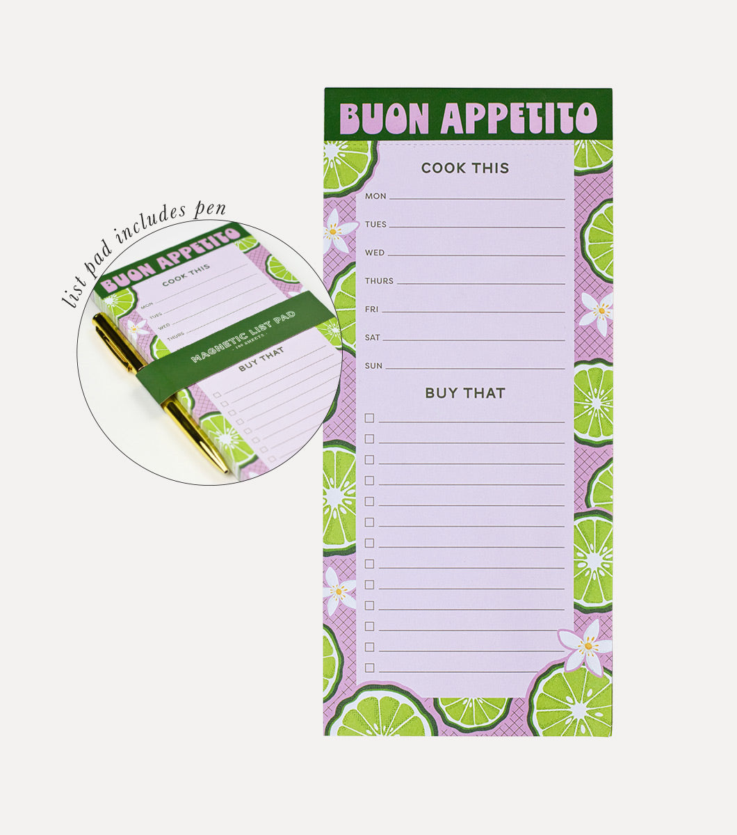 notepad for meal prepping that includes space for meal planning and grocery lists. List pad features retro italian citrus design