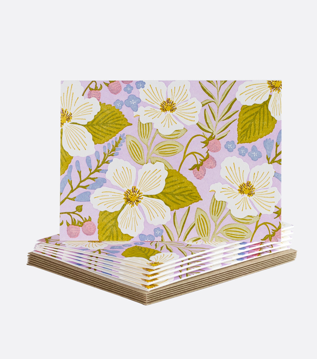 6 letterpress greeting card boxed notes featuring a raspberry bramble floral design