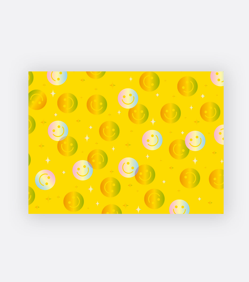 smiley face boxed note thank you greeting card on bright yellow paper featuring happy face design in holographic foil