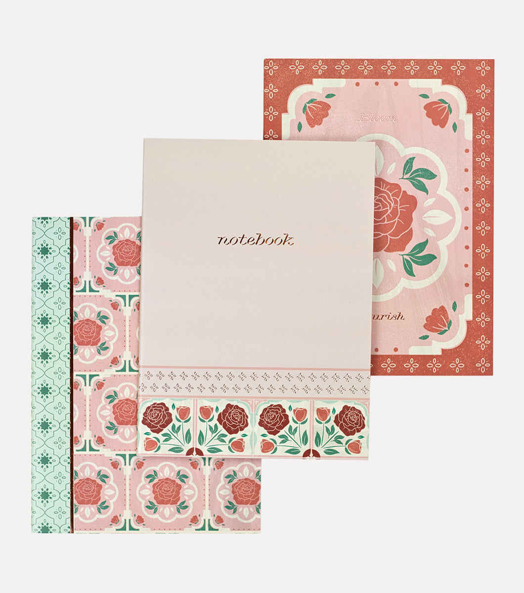 set of 3 journals with moroccan tile designs and rose gold accents