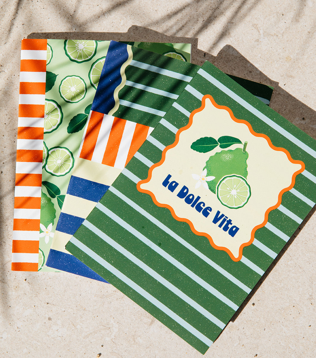 3 pack of journals with designs inspired by the italian riveria, the journals feature bold stripes and sliced citrus designs 