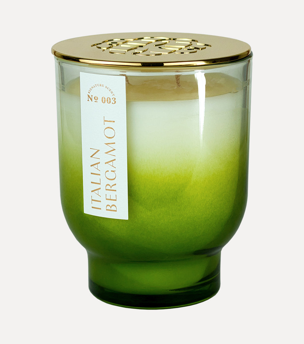 large green italian bergamot scented hand poured candle with gold lid