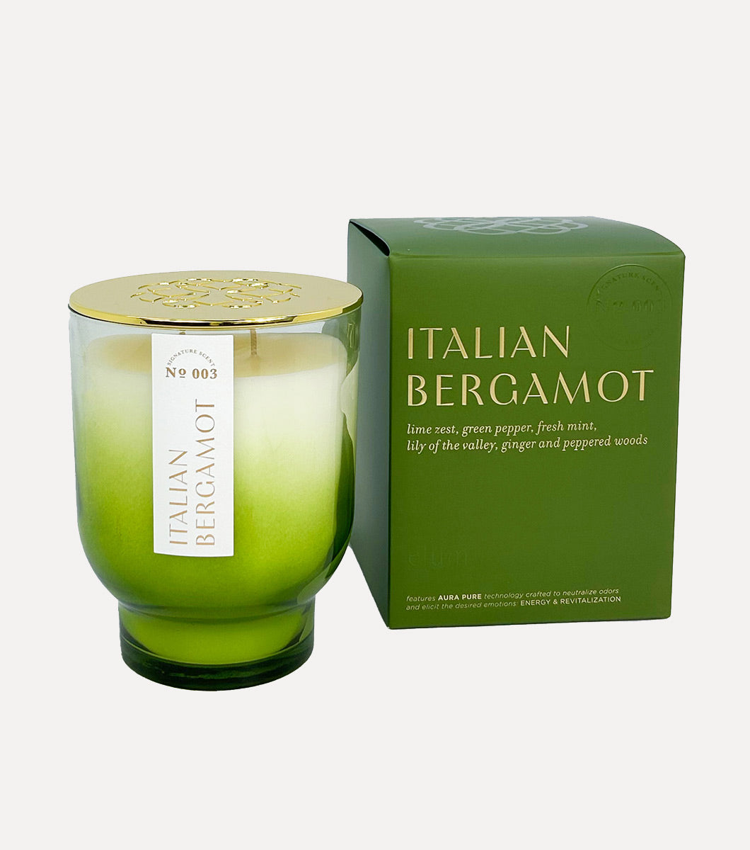 large green italian bergamot scented candle pictured with included green gift box