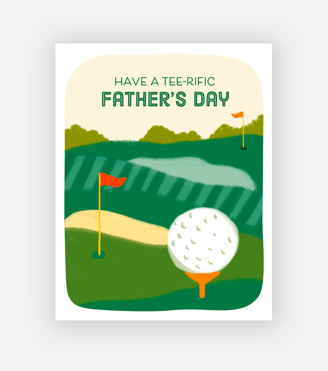 punny father's day greeting card with a golf ball on a tee with a landscape of a golf course in the background. Message at the top says "Have a tee-rific Father's day"