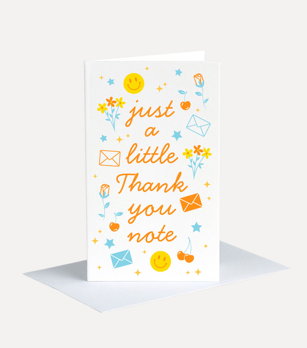 Mini greeting card that features message saying"just a little thank you note" with surrounding icons of happy faces, flowers and envelopes