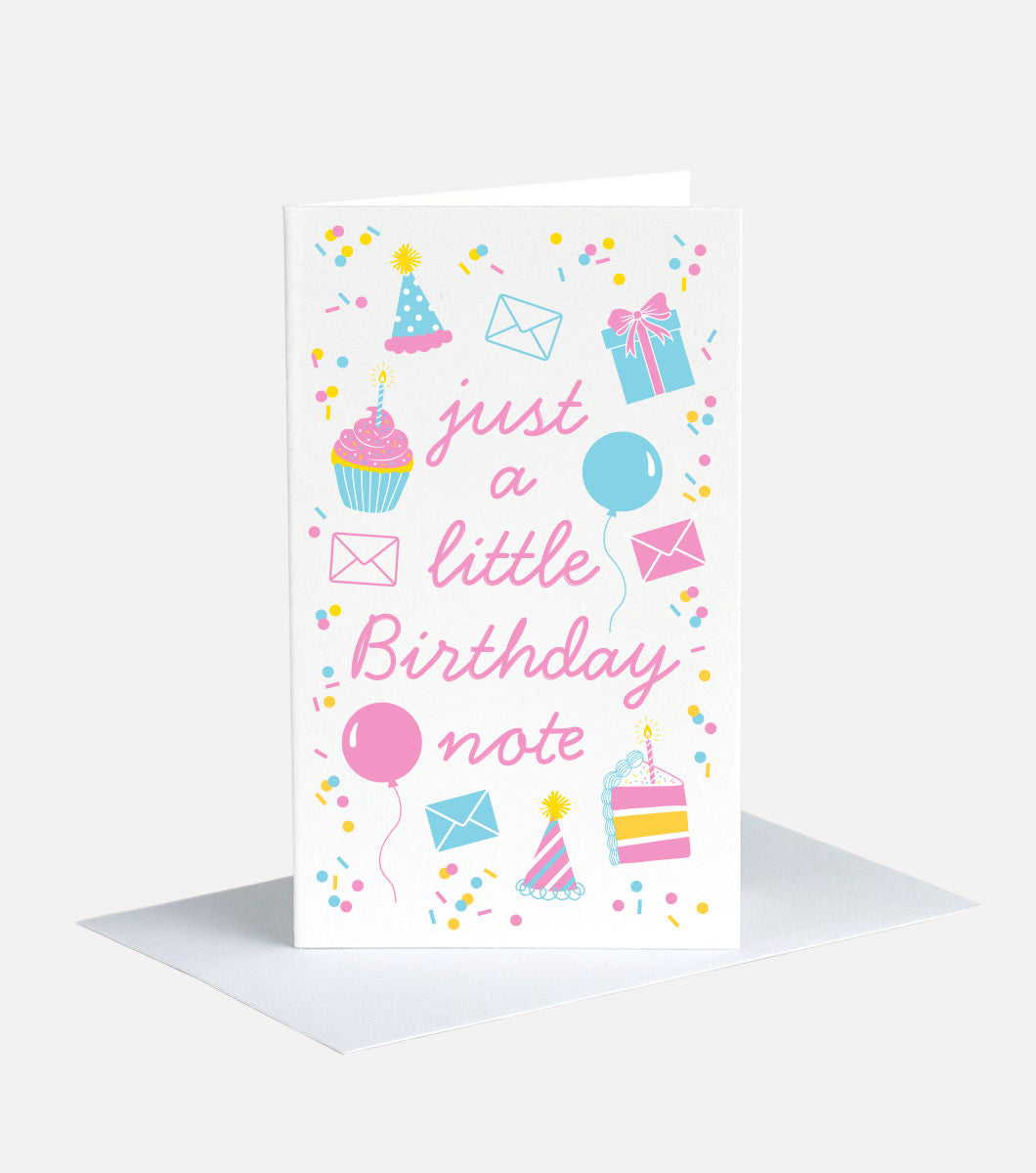 mini greeting card that features a message saying "just a little birthday note" with icons of birthday items like cake, balloons and presents