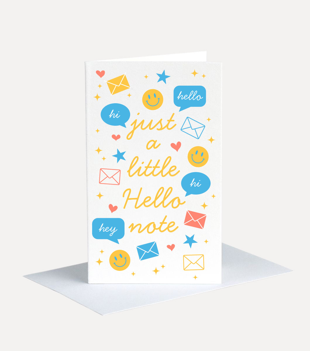 mini greeting card with message that says "Just a little hello note" with icons depicting happy faces, envelopes and speech bubbles