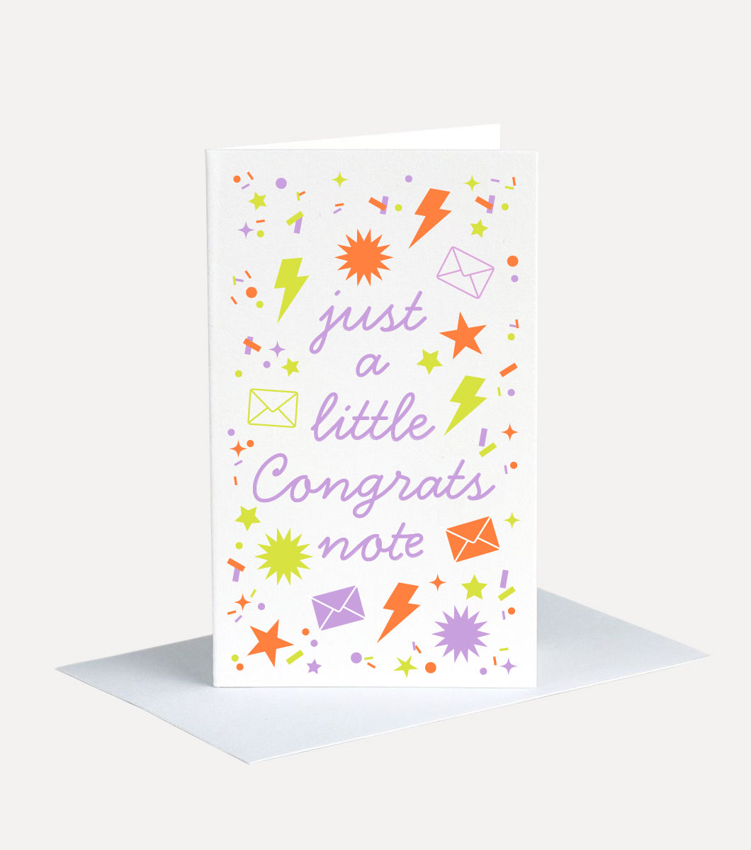 mini greeting card with message saying "just a little congrats note" with icons of suns and lightning bolts and envelopes