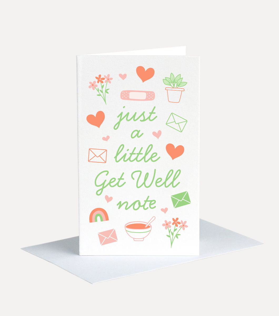 mini greeting card and envelope with a message that says "just a little get well note" icons surrounding message depict hearts, bandaids, soup and envelopes