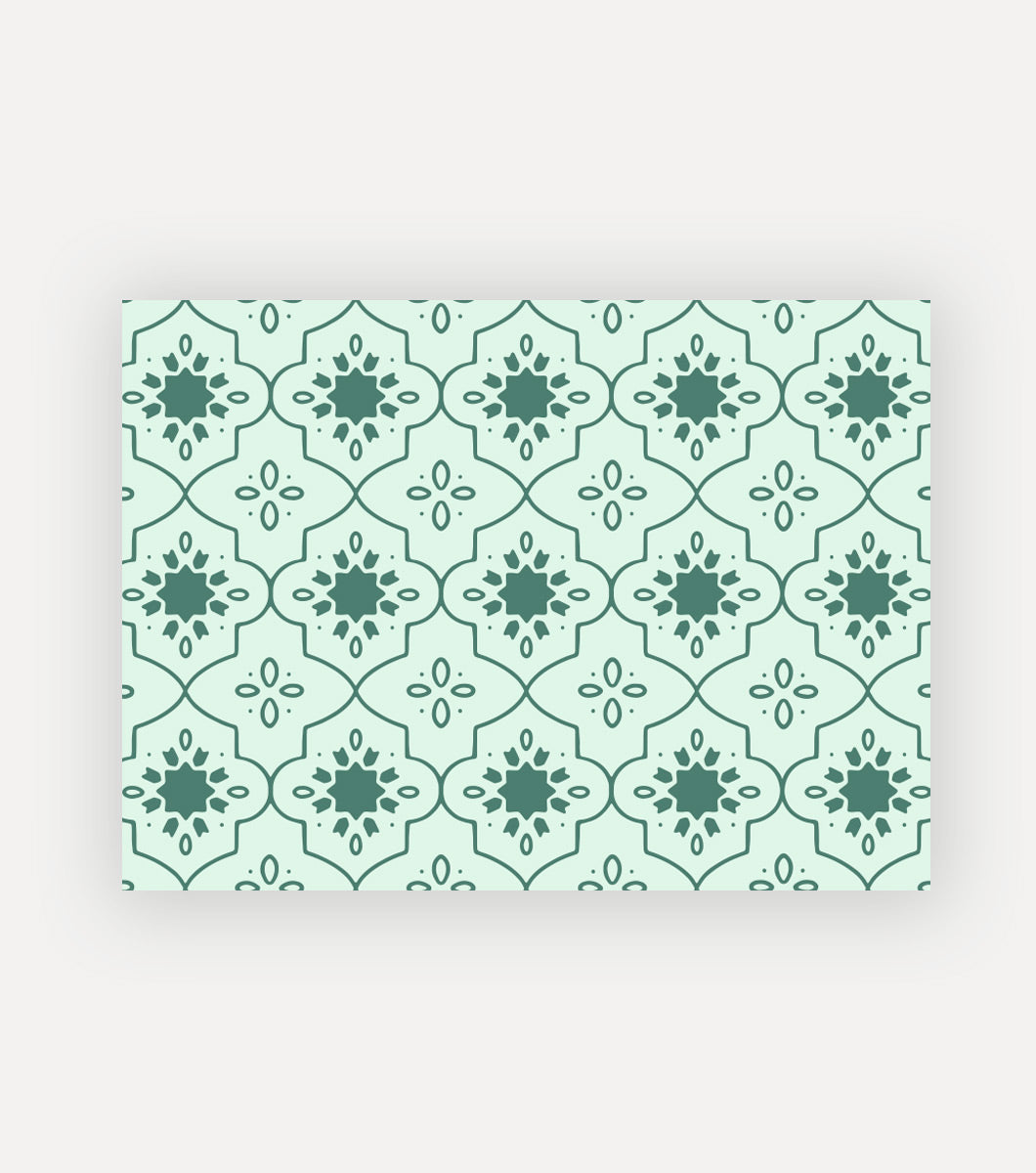 boxed note cards with light green background and repeating Moroccan tile design in dark green