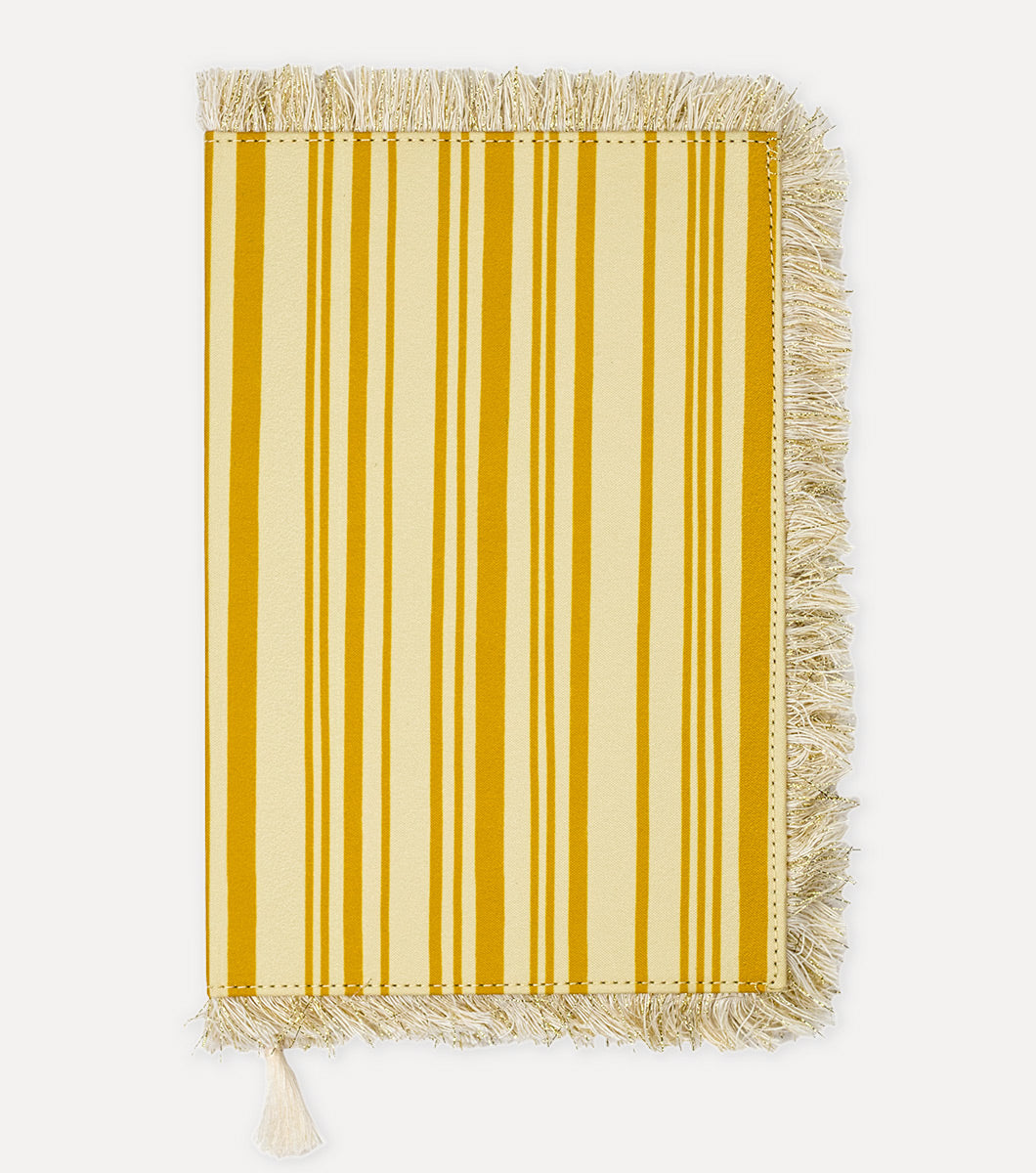 yellow striped hard bound journal with fringed edged and built in bookmark