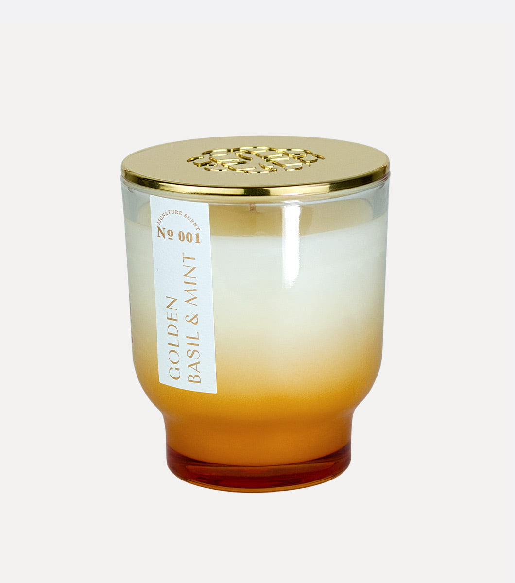 small yellow golden basil and mint scented candle with gold lid