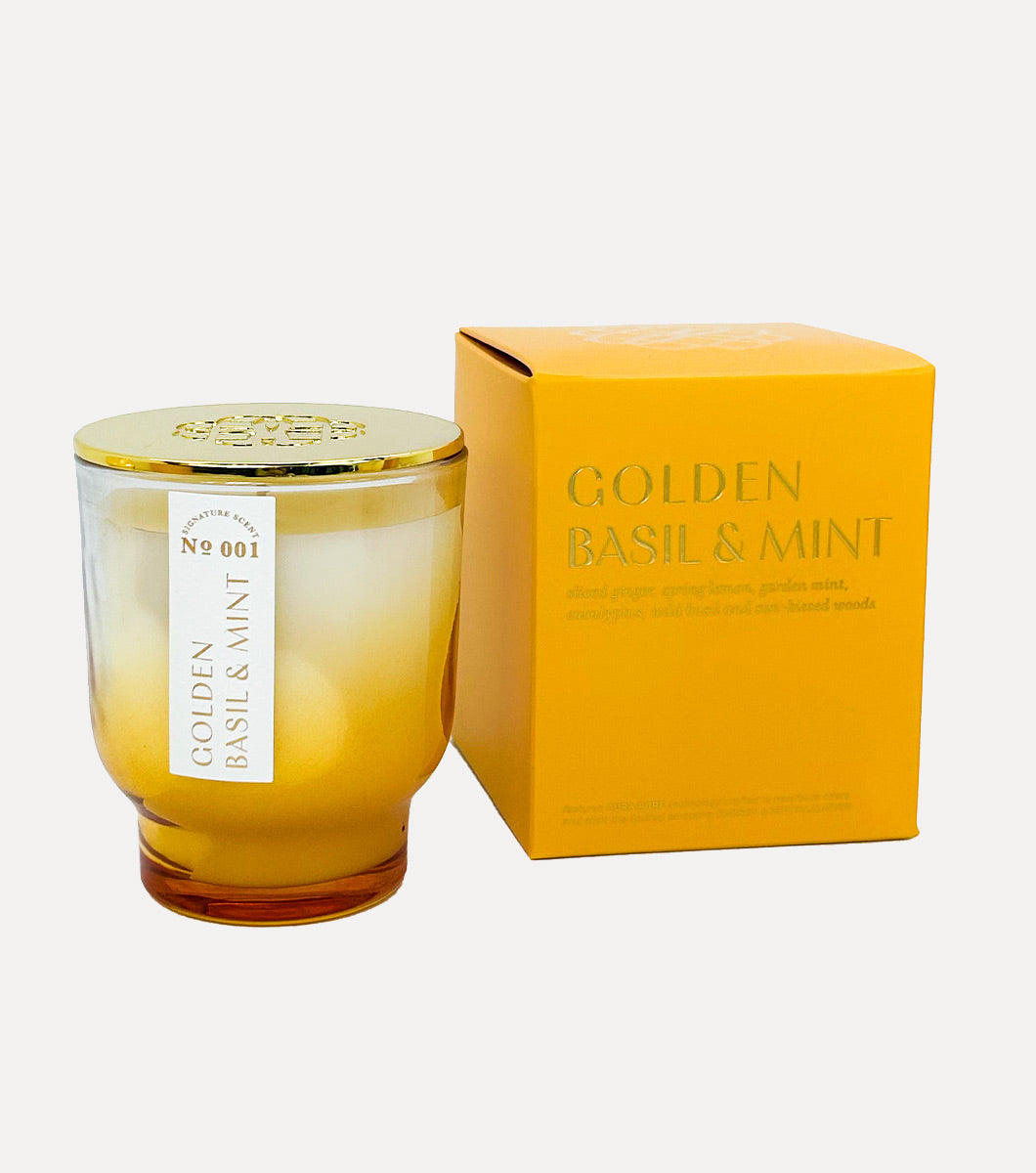 golden basil and mint scented candle pictured with included gift box