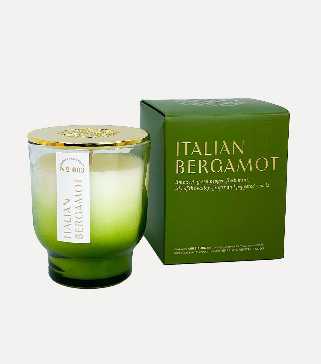 small green italian bergamot scented candle pictured with included gift box