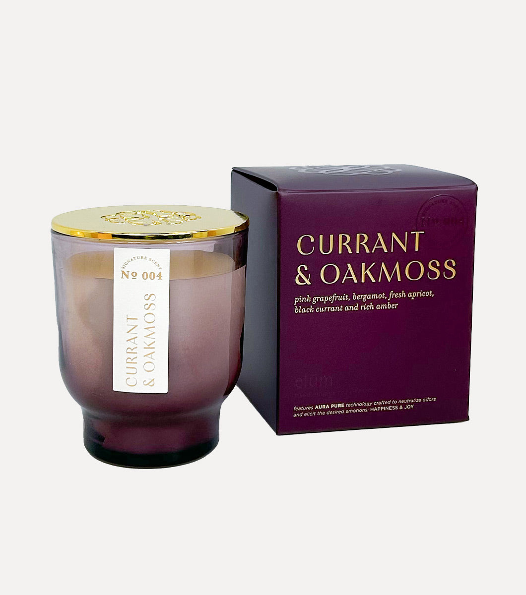 small purple currant and oakmoss scented candle pictured next to included purple gift box