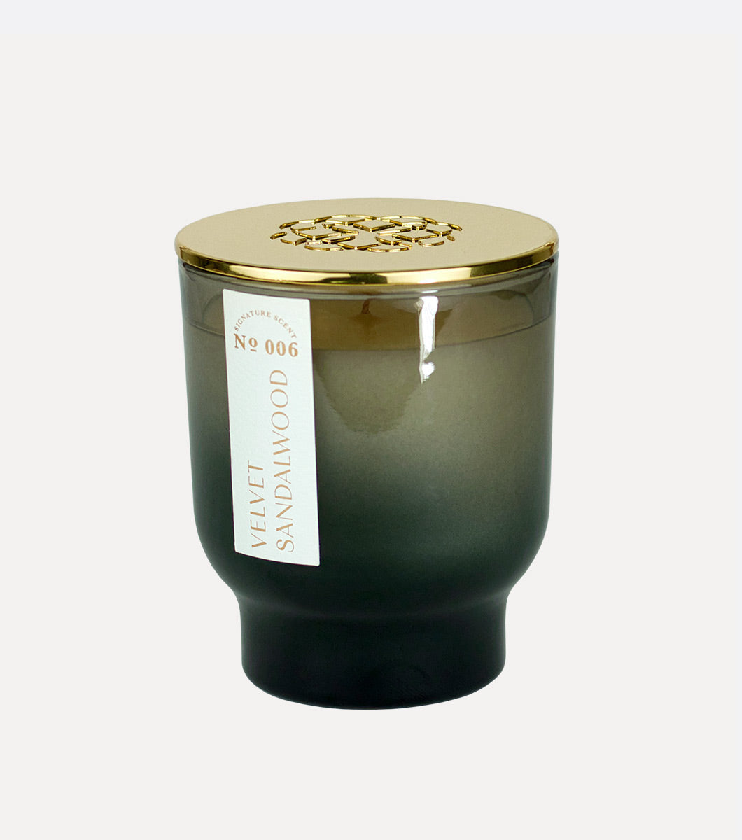 small black velvet sandalwood hand poured soy wax candle with gold lid