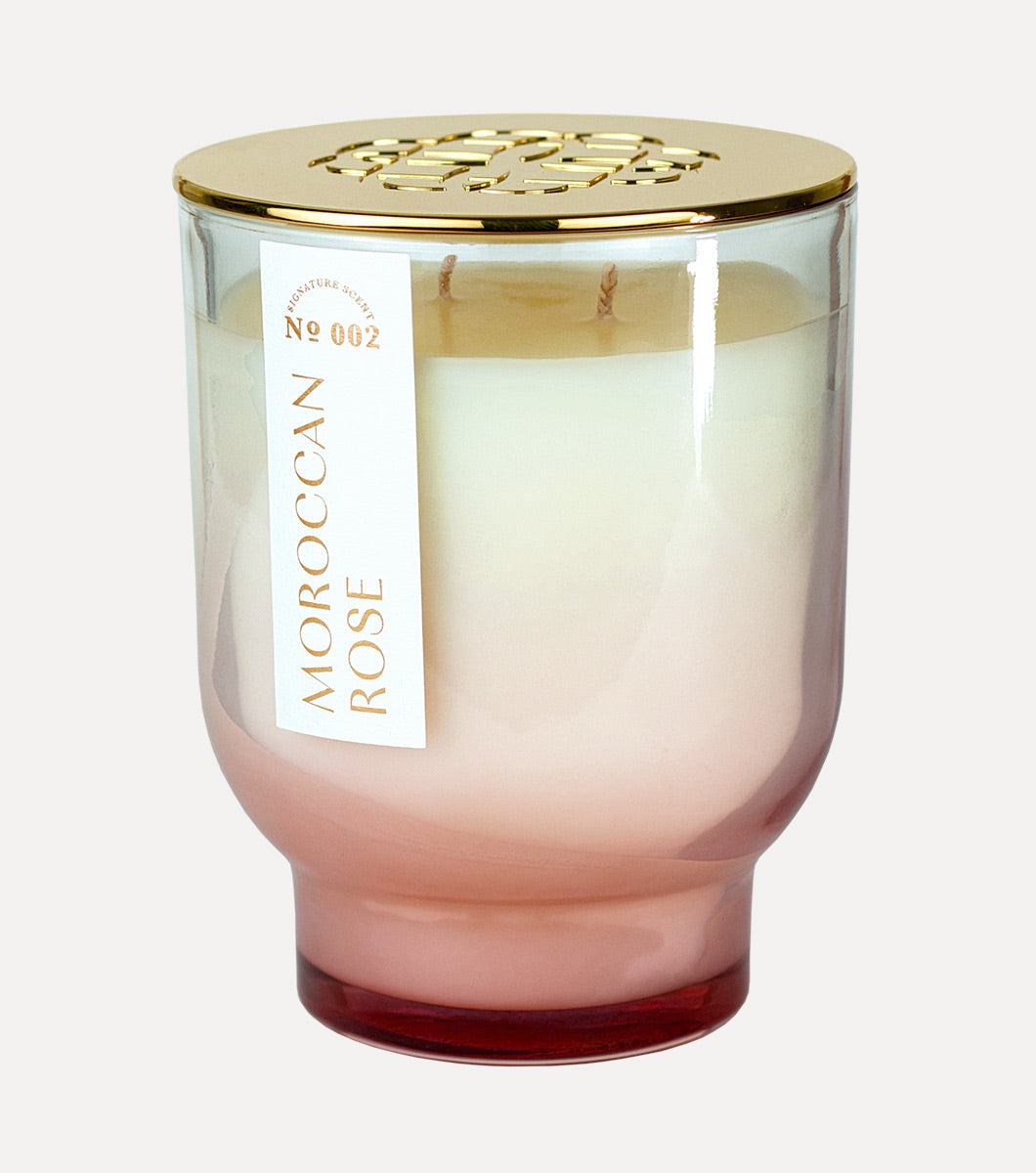 large pink moroccan rose scented hand poured candle with gold lid