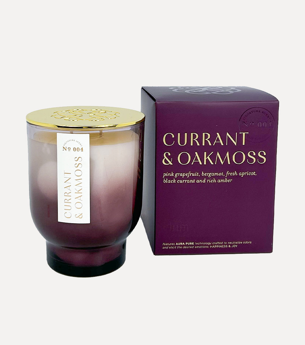 large purple currant and oakmoss scented candle with included purple gift box