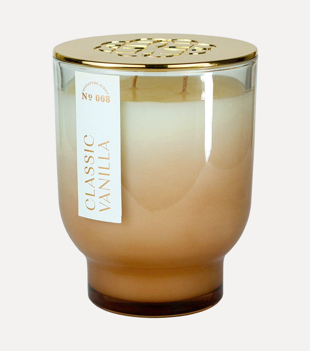 large tan classic vanilla scented hand poured soy wax candle with gold lid