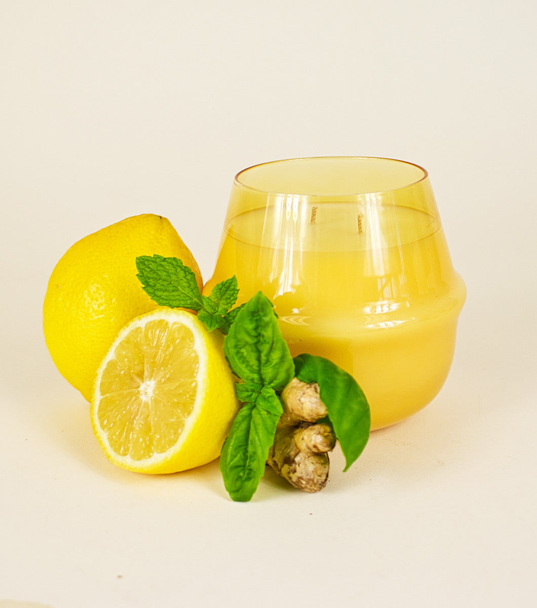 large yellow golden basil and mint candle pictured with sliced lemons, ginger, mint and basil