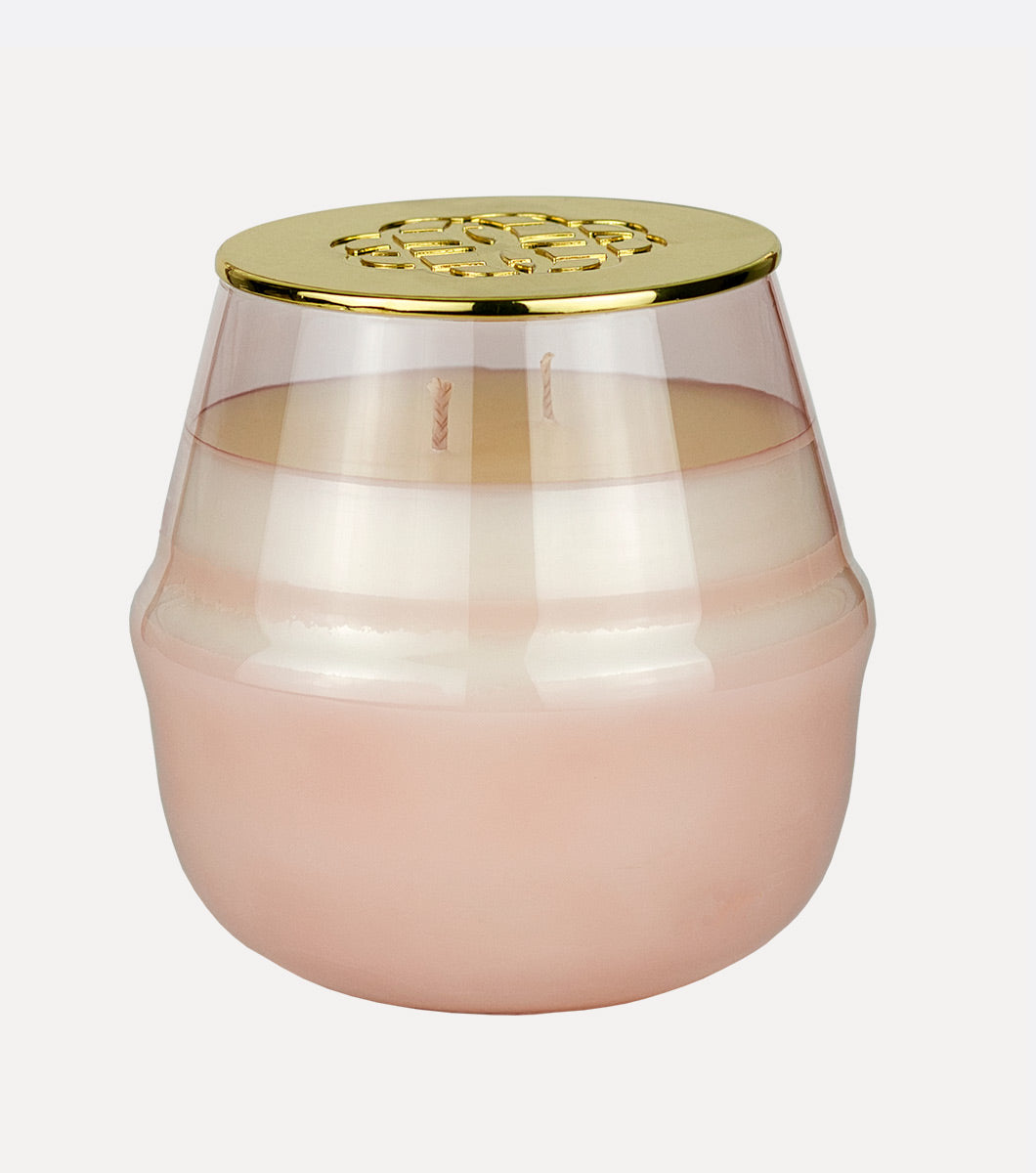 large round pink moroccan rose scented hand poured soy wax candle with embossed gold lid