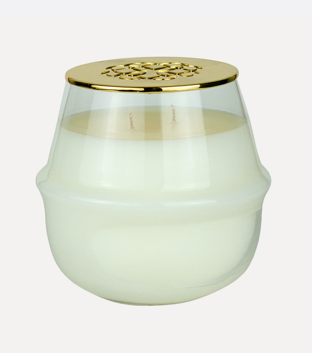 large clear white round classic vanilla scented hand poured soy wax candle with embossed gold lis