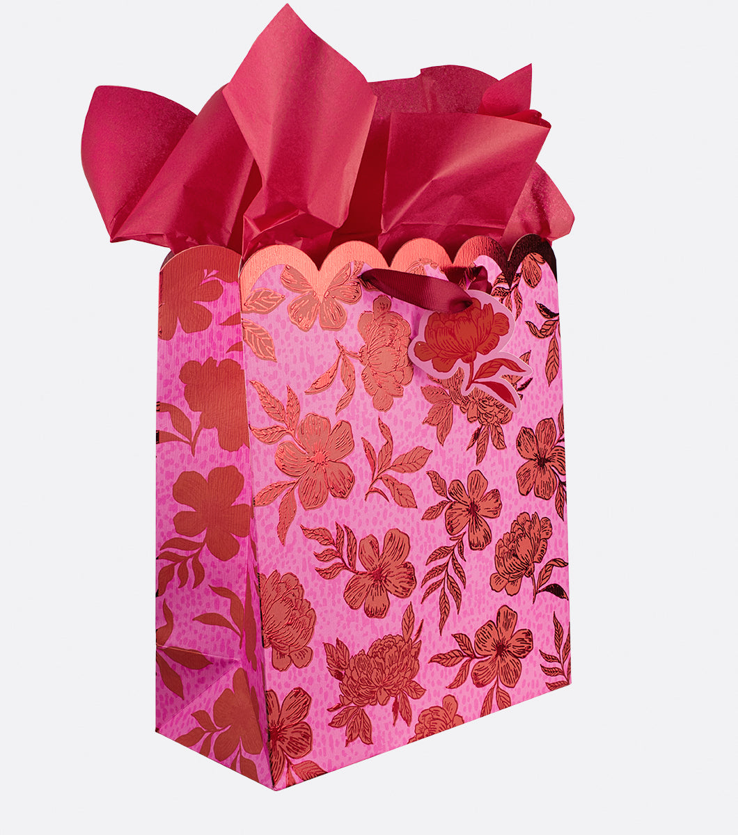 Line and Dot Floral Pink Red Large Gift Bag