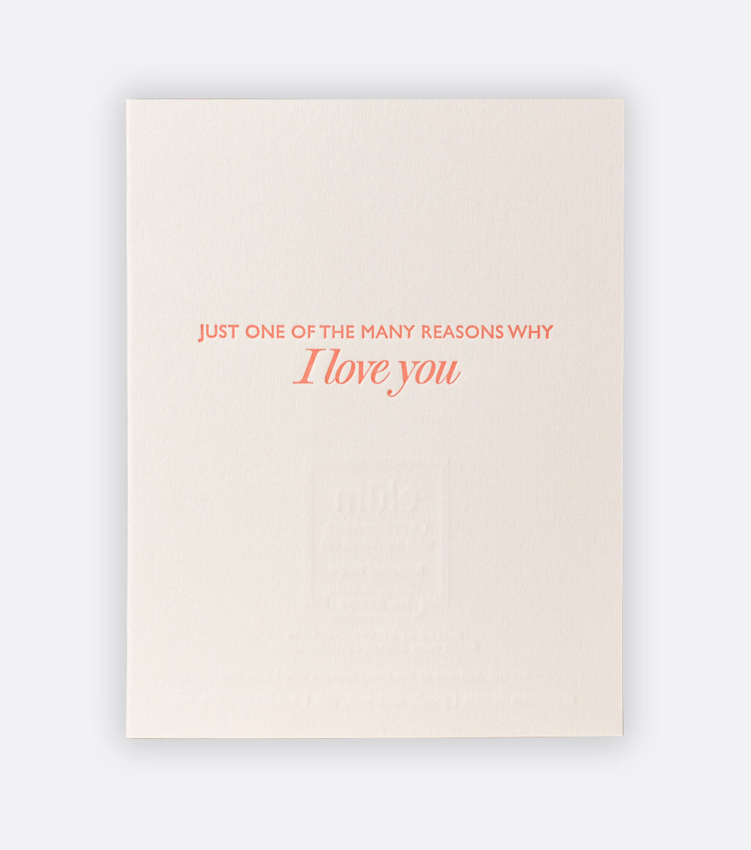 Inside of everyday magic letterpress greeting card, message inside of card says "just one o the many reasons why I love you"