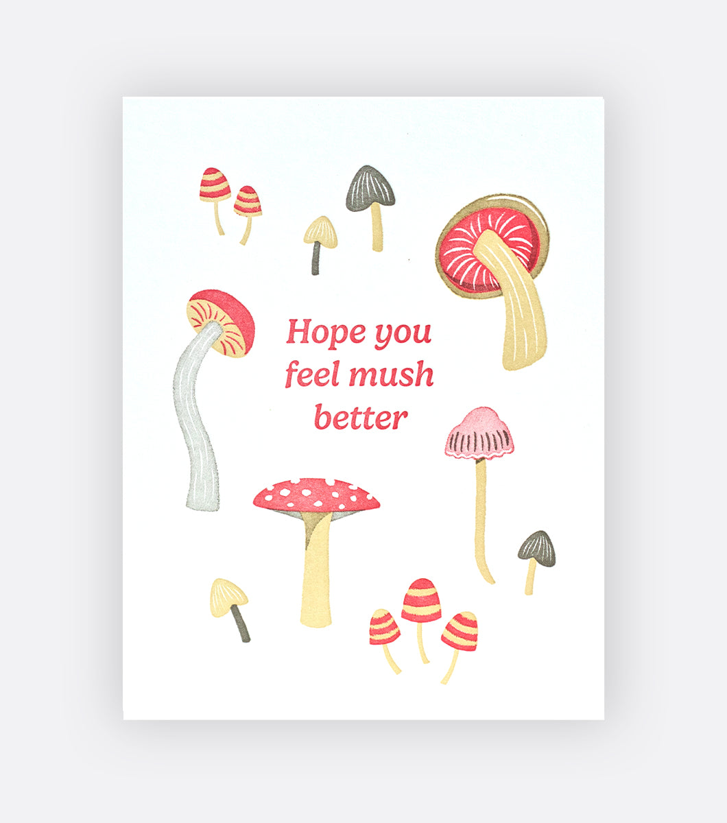 greeting card with mushrooms and a mushroom pun written on the front