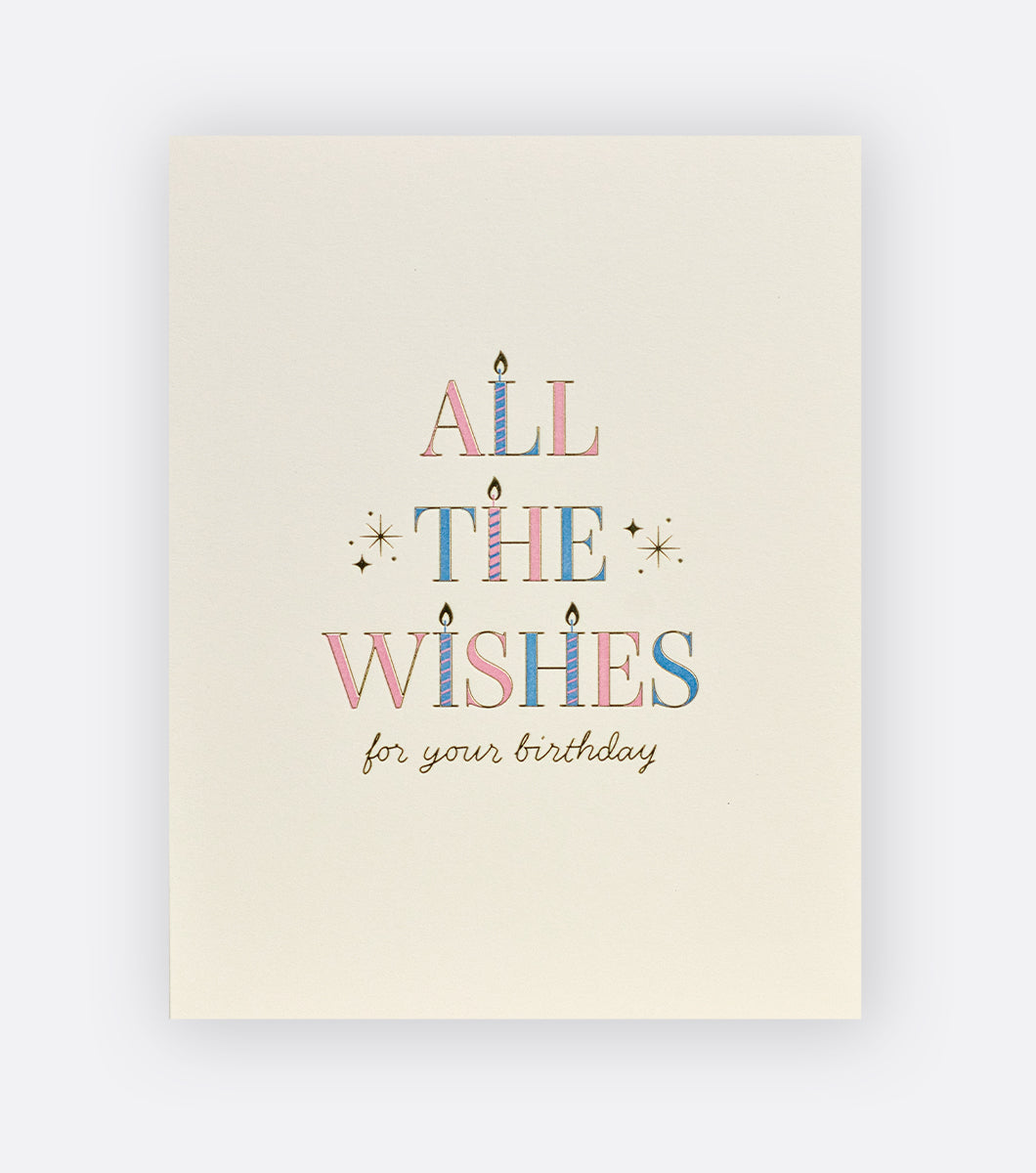 Birthday greeting card that says "All the wishes for your birthday" with some of the letters doubling as birthday candles 