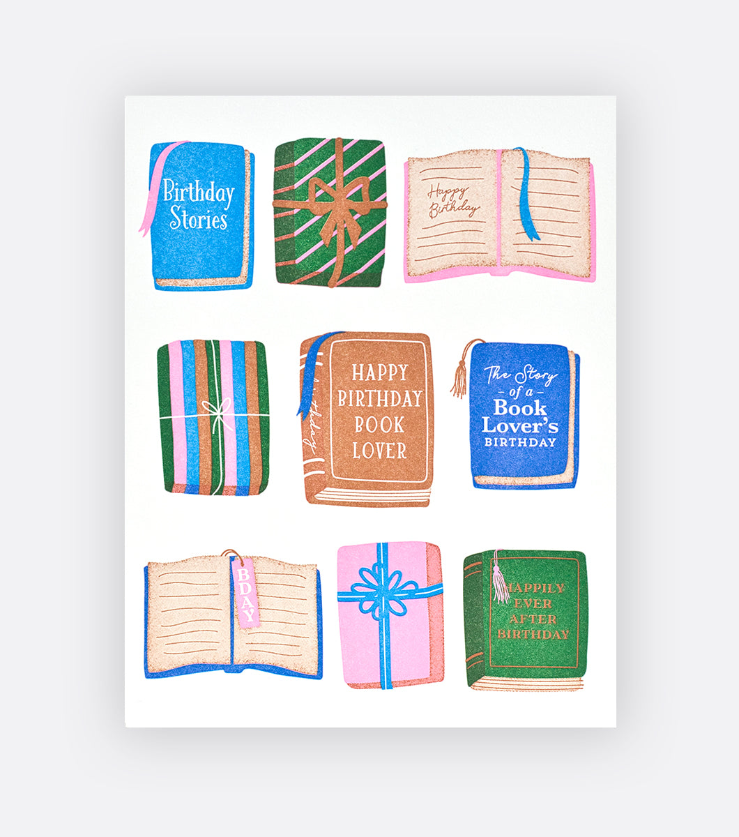 greeting card with assortment of books on the front with happy birthday sentiments written as the book titles