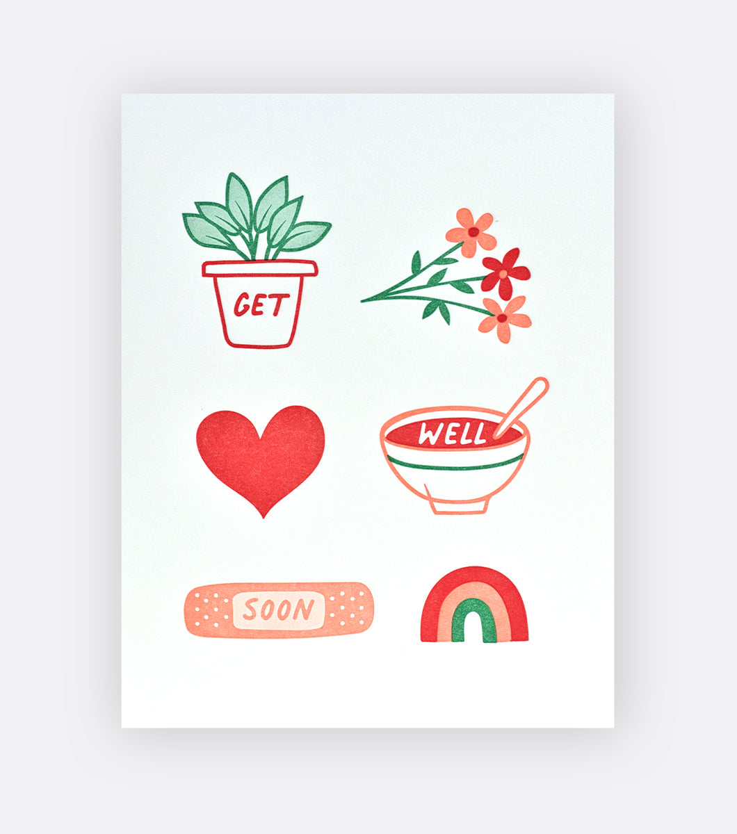 greeting card that says "Get well soon" with depictions of a plant, a bouquet of flowers, a heart, a bowl of soup, a bandaid and a rainbow