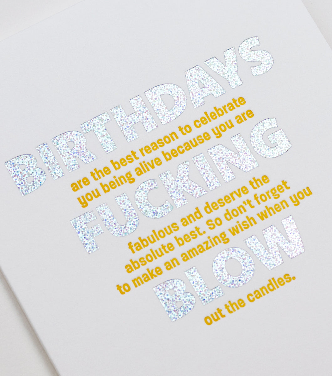 closeup detail of birthdays fucking blow letterpress greeting card