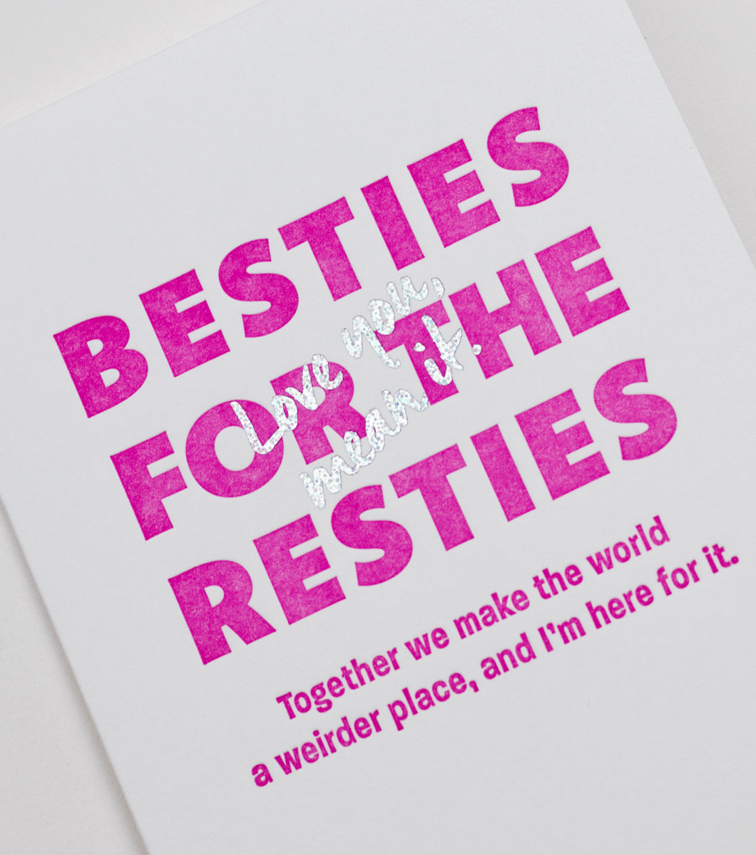 close up detail of Besties Resties Letterpress Greeting Card