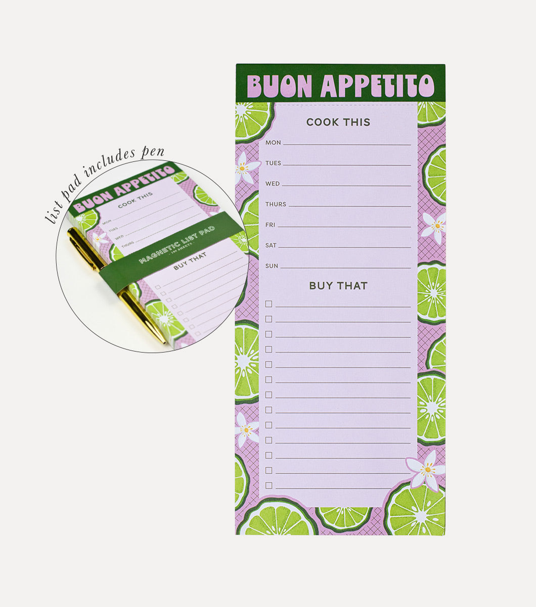 notepad for meal prepping that includes space for meal planning and grocery lists. List pad features retro italian citrus design 