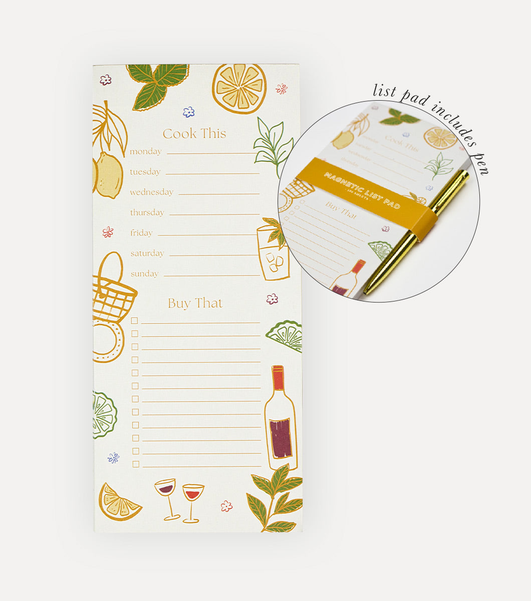 meal prepping list pad with areas for meal planning and grocery list organization, design features drawings of fresh citrus and picnic items and  the list pad comes with a golden pen