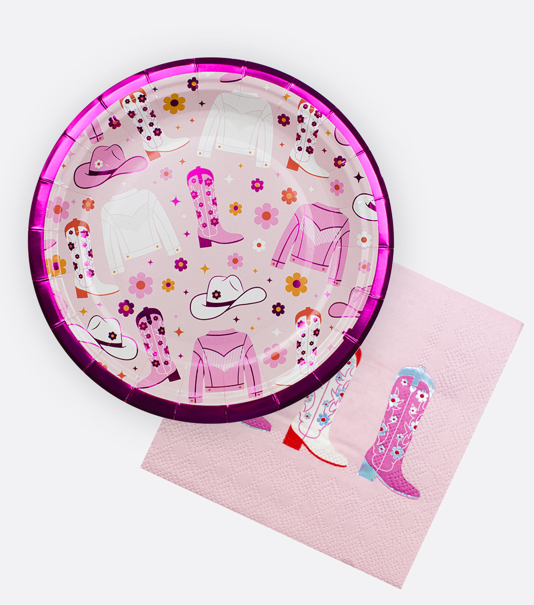 daisy disco cowgirl barbie inspired paper plate and paper beverage napkins