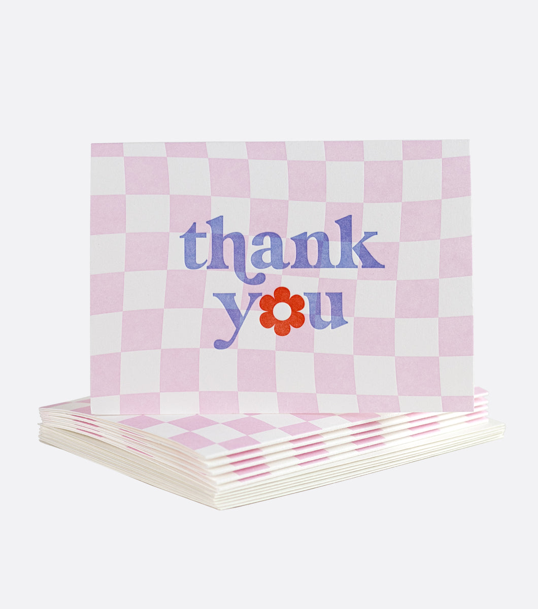 6 letterpress greeting card boxed notes with trendy pink checkerboard design and a retro font that says "thank you"