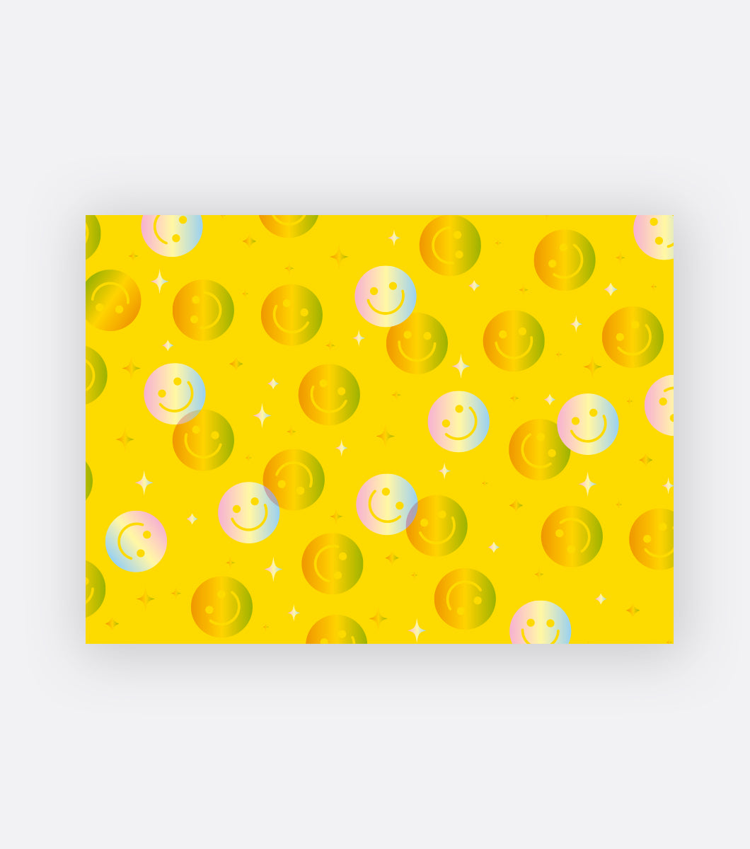 smiley face boxed note thank you greeting card on bright yellow paper featuring happy face design in holographic foil 