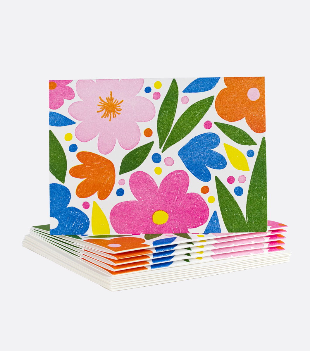 6 boxed note thank you greeting cards that features colorful and bold floral design 