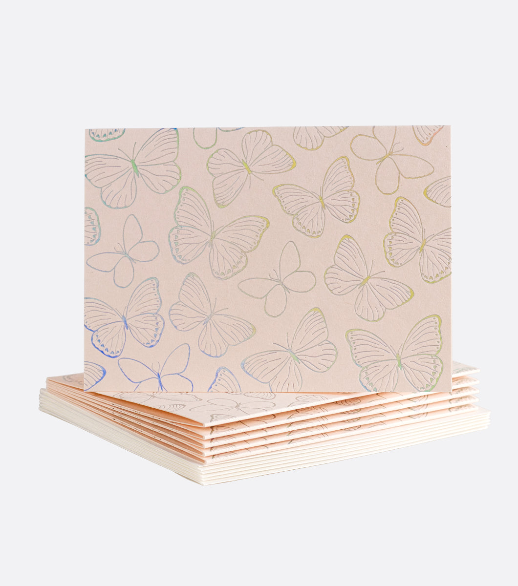 boxed note thank you greeting card that features blush paper and a holographic foil design of a repeating butterfly pattern