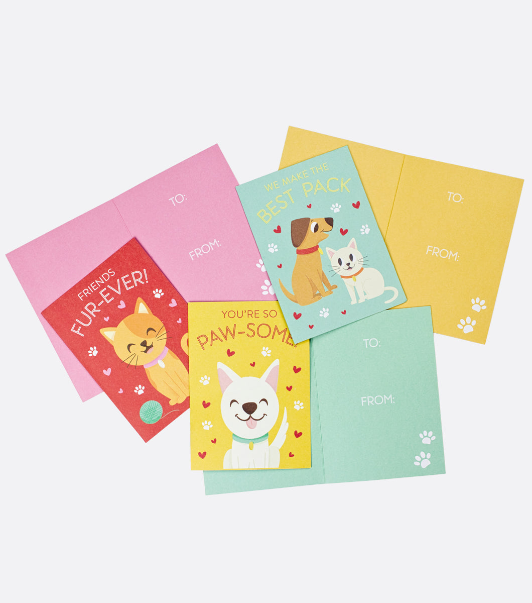 three designs of pet friends valentines day cards showing front and inside of cards