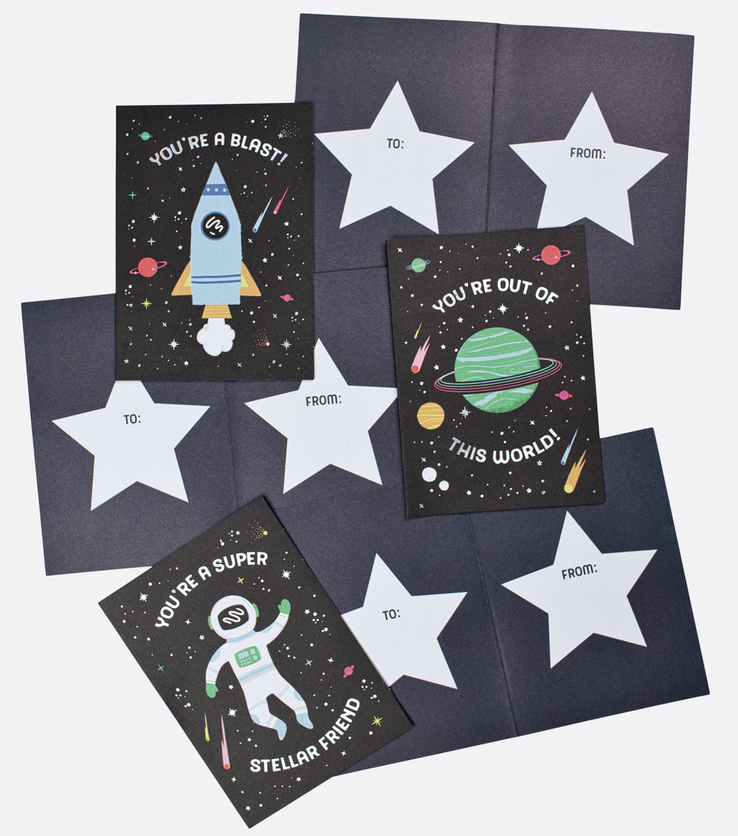 three designs of space themed valentines day cards showing front and inside of cards